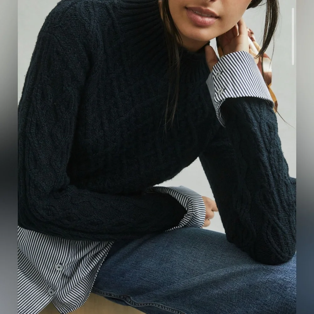Anthropologie Maeve Women’s XS Cable-Knit Layered Mock Neck Sweater Classic - Picture 3 of 11